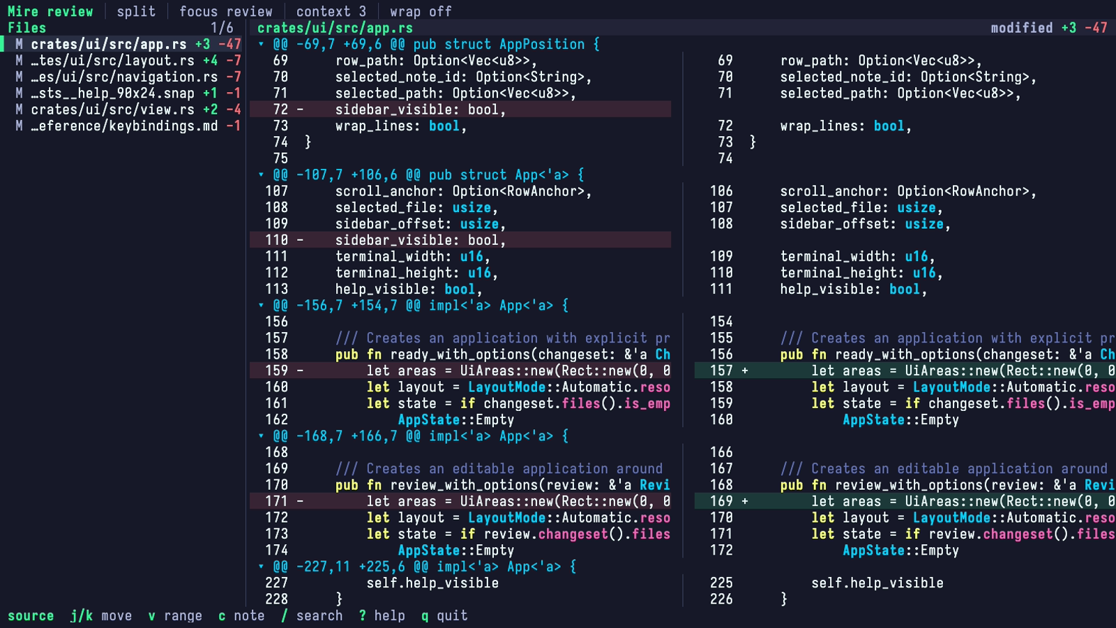 Mire showing a unified Rust diff with a changed-files sidebar.