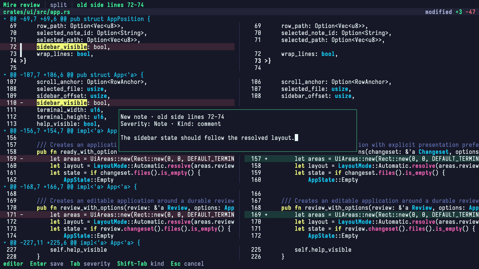 Mire creating a review note on a selected range of Rust code.
