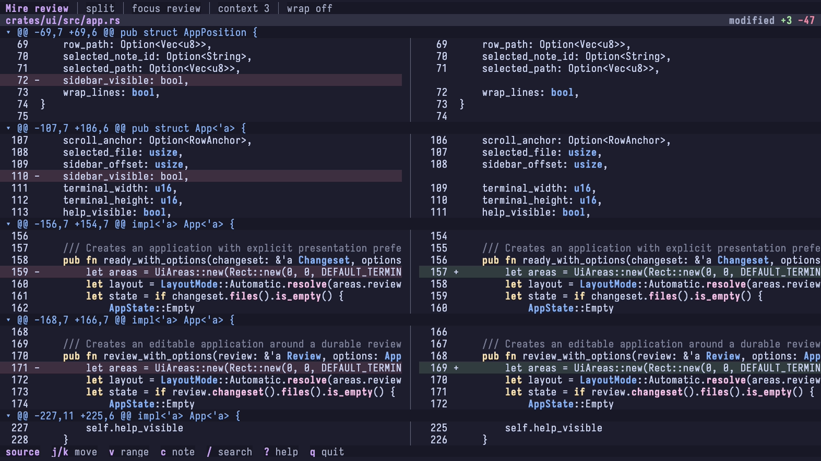 Mire comparing a Rust file's source and changes side by side.